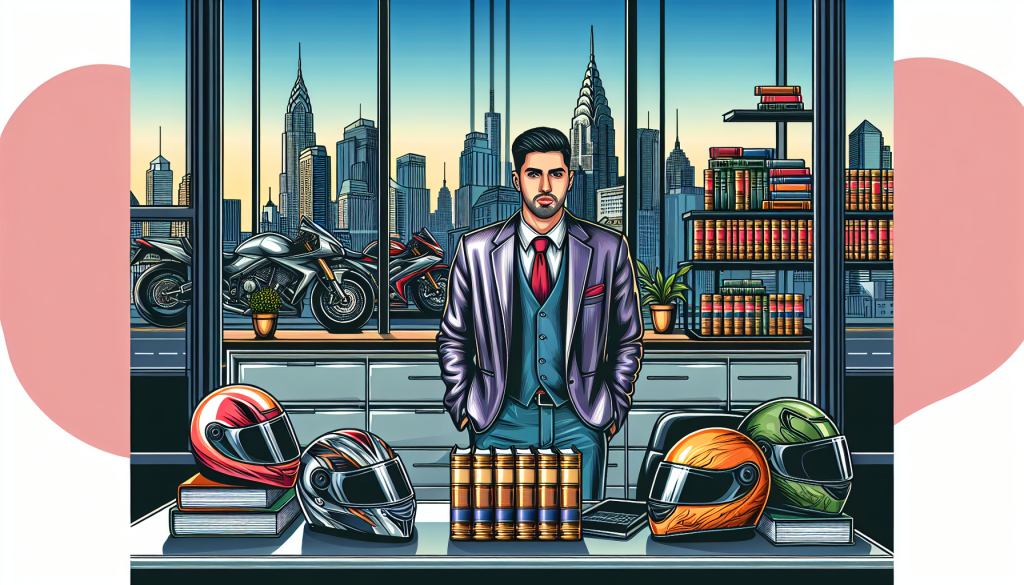 Digital artwork of a dedicated motorcycle attorney in a sleek, modern office, surrounded by legal books, motorcycle helmets, and a large window view of city streets filled with motorcycles.