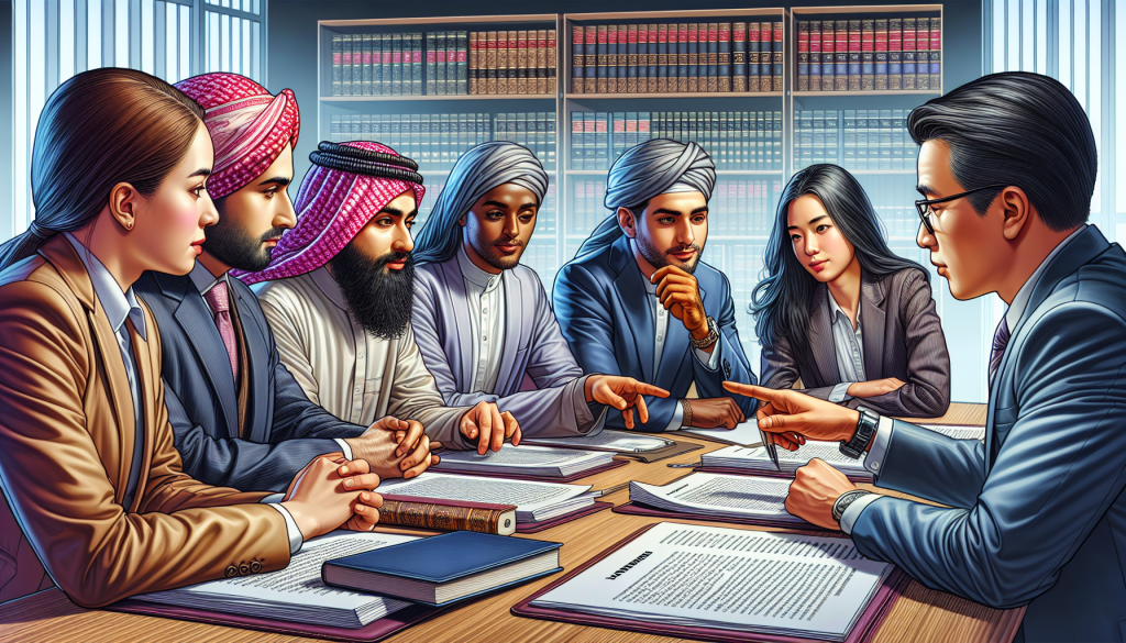 A detailed digital painting of a diverse group of individuals sitting around a conference table, discussing with a professional attorney who is pointing at a document that lays out motorcycle accident laws, all in a modern, well-lit lawyer’s office with motorcycle-related legal books and helmets subtly included in the background.