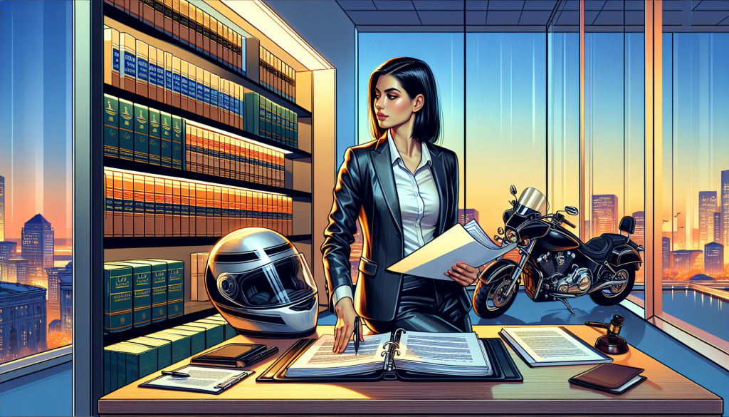 A digital painting of a person in a business suit with a motorcycle helmet under one arm, scrutinizing legal documents on a desk, with a motorcycle in the background. The setting is a well-lit office with law books and legal certificates on the walls.