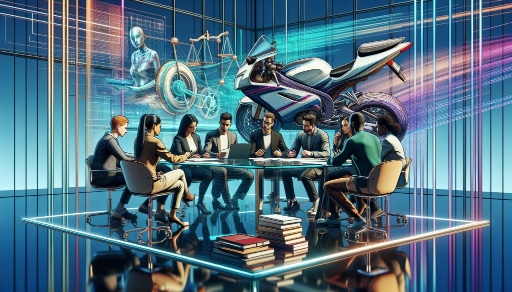 Digital artwork of diverse people sitting around a modern glass table, reviewing documents and discussing, with a transparent motorcycle model and legal scales in the background, in a sleek, futuristic law office setting.