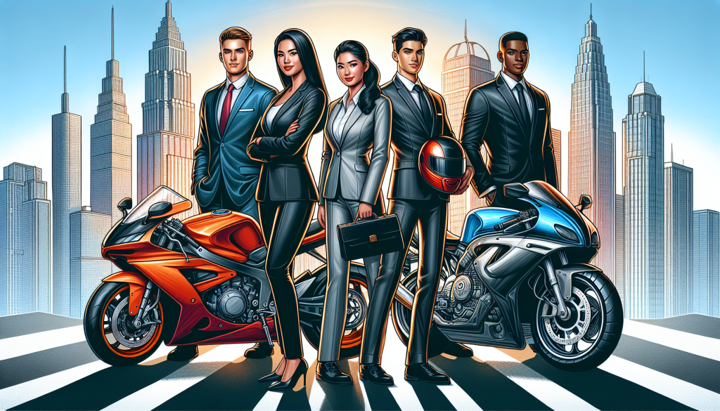An intricately detailed digital artwork of a diverse group of professional attorneys, each dressed in sharp suits, standing confidently beside various types of motorcycles parked in a sunlit, modern cityscape with skyscrapers in the background, symbolizing expertise in motorcycle injury law.