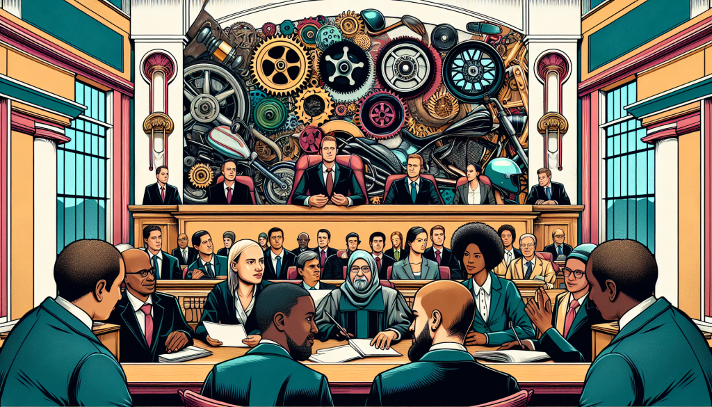 An illustrated courtroom scene with a dynamic, diverse group of attorneys specialized in motorcycle law, engaging in a passionate debate, set against a backdrop that subtly incorporates elements of motorcycle culture.