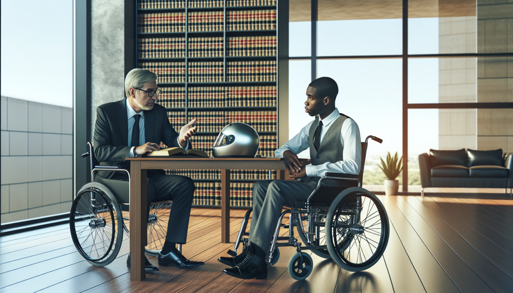 A compassionate lawyer in a suit discussing a motorcycle accident claim with a client in a wheelchair, inside a contemporary, well-lit office with legal books and a motorcycle helmet on the desk.