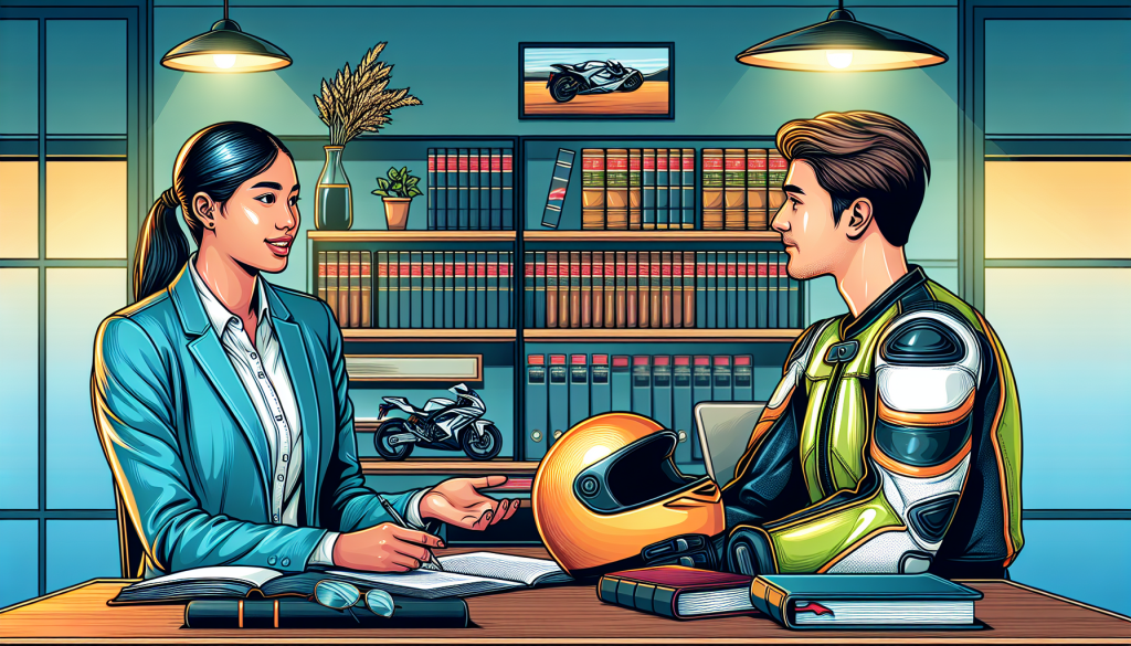 An image depicting a professional and confident motorcycle accident attorney in an office environment, surrounded by legal books, a motorcycle helmet on the desk, and talking to a client who is wearing a motorcycle jacket, providing legal advice and comfort.