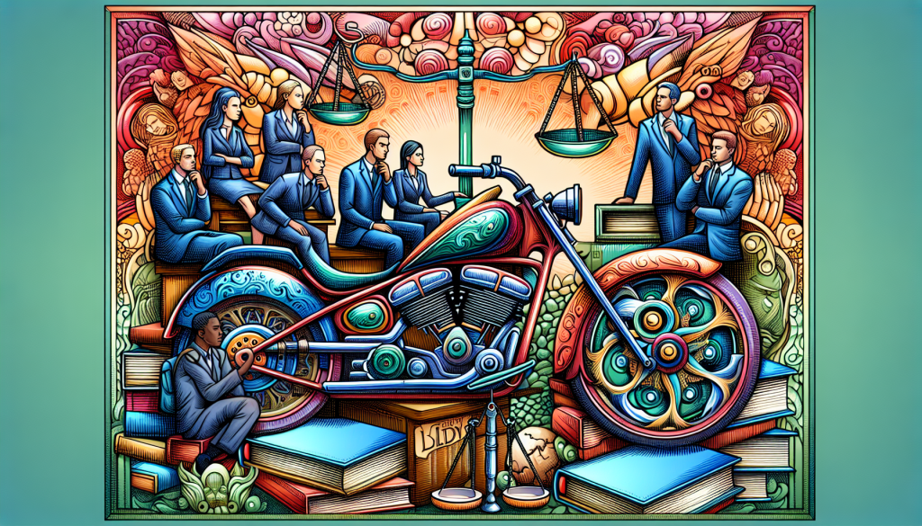 An illustrated guide with essential tips and key questions displayed around a central image of a diverse group of thoughtful people of different ages and ethnicities surrounding a detailed, classically styled drawing of a motorcycle, emphasizing an air of strategy and in-depth legal knowledge against a background of legal books and justice scales.