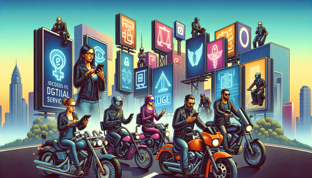 An illustrated cityscape with various billboards displaying logos and ads for top motorcycle accident lawyers, featuring a diverse group of people on different motorcycles consulting digital devices for lawyer reviews under a clear blue sky.