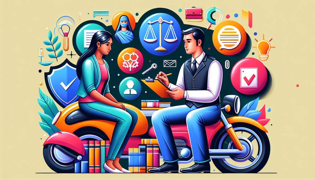 An informative digital illustration of a person dressed in smart-casual attire, holding a clipboard and giving advice to a motorcycle accident victim, with icons symbolizing law, justice, and motorcycles creatively integrated into the background.