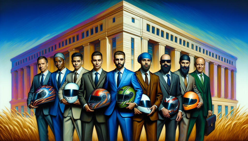 An artistic representation of a diverse group of confident lawyers, male and female, standing together in front of a large, modern courthouse, each holding a motorcycle helmet, symbolizing their specialization in motorcycle accident law.