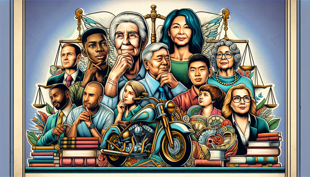 An illustrated guide with essential tips and key questions displayed around a central image of a diverse group of thoughtful people of different ages and ethnicities surrounding a detailed, classically styled drawing of a motorcycle, emphasizing an air of strategy and in-depth legal knowledge against a background of legal books and justice scales.