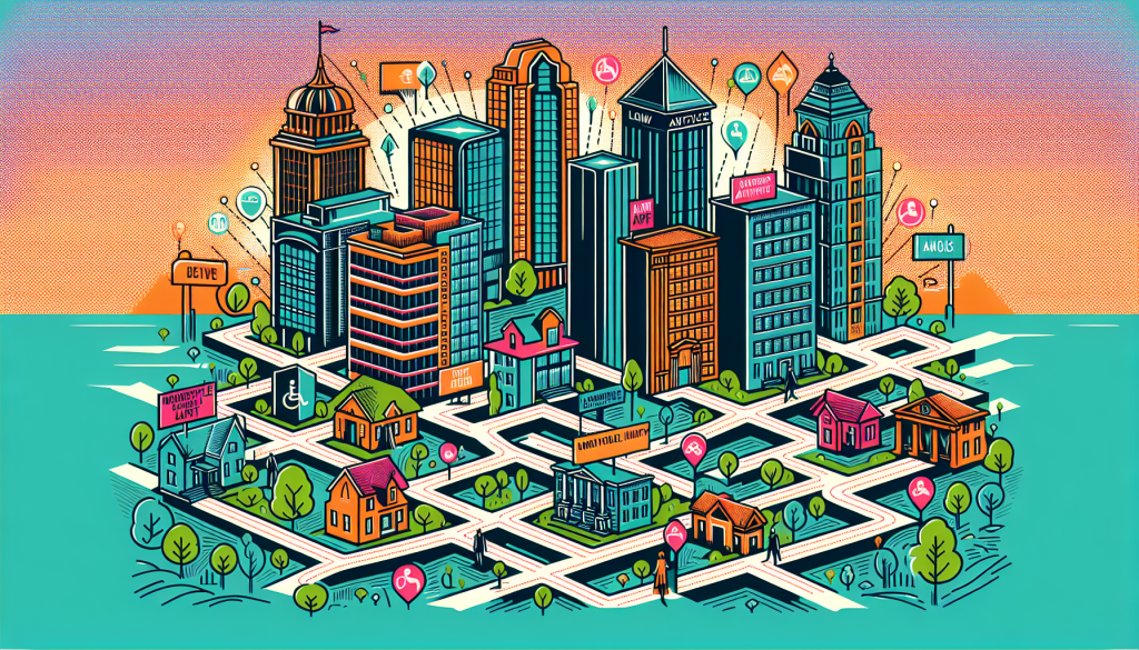 An illustrated guide map pinpointing top-rated motorcycle injury lawyers in various city landscapes, with highlighted routes and icons showing law firms and courthouses, styled in vibrant, engaging colors.