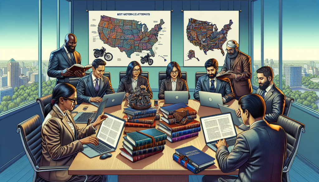 A detailed digital illustration of a diverse group of people in a conference room, using laptops and legal books to research the best motorcycle lawyers, with a large map pinned on the wall highlighting various law firms across a cityscape.