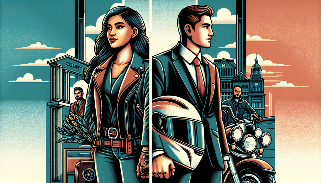 An illustrated guide book cover showing a confident motorcyclist in a leather jacket holding a helmet, standing beside a lawyer in a business suit, with a background of a courtroom and a motorcycle, titled 'Finding the Best Motorcycle Lawyers: Tips and Advice for Motorcyclists'.