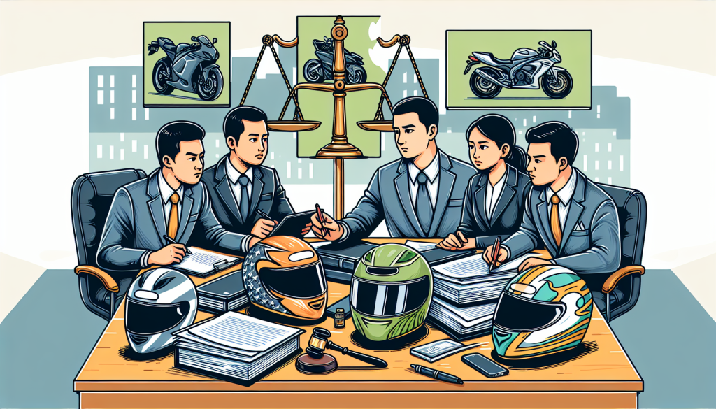 An illustrative office scene depicting a professional and trustworthy motorcycle accident law firm, with a diverse team of attorneys strategizing around a large table covered in helmets and legal documents, with justice scales and motorcycle art in the background.