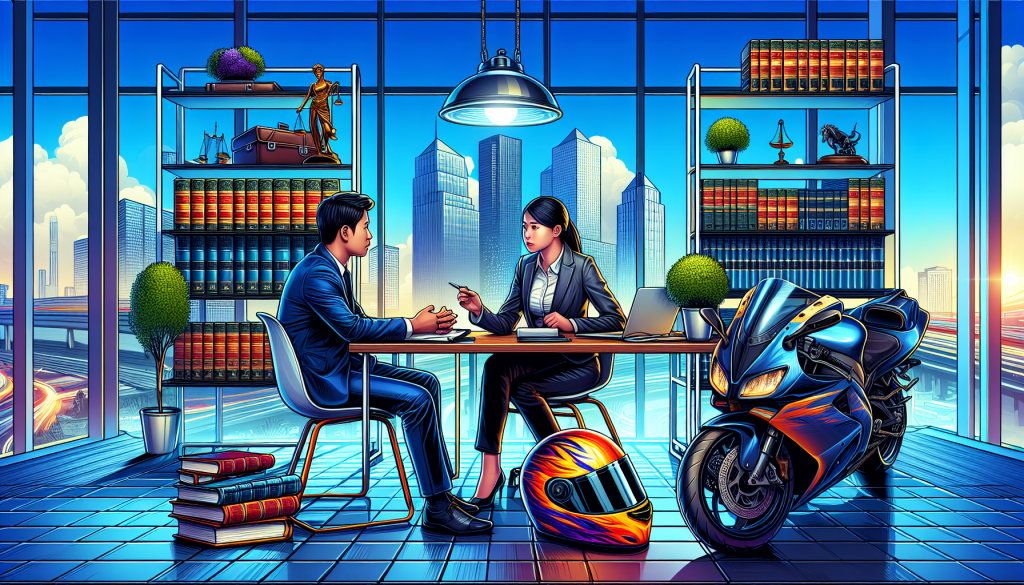 Digital artwork depicting a person consulting with a professional motorcycle crash lawyer in a modern, bright office setting, surrounded by legal books and a motorcycle helmet on the desk, with a window view of city skyline in the background.