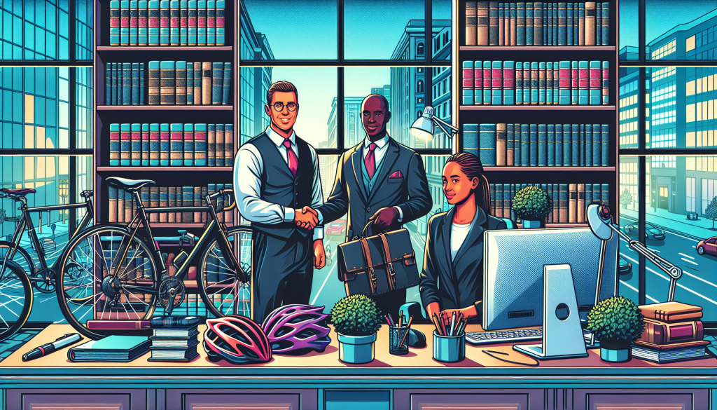 An image of a diverse group of people consulting with a professional bike accident solicitor in an office, surrounded by legal books, cycling helmets, and a large window overlooking a busy city street.