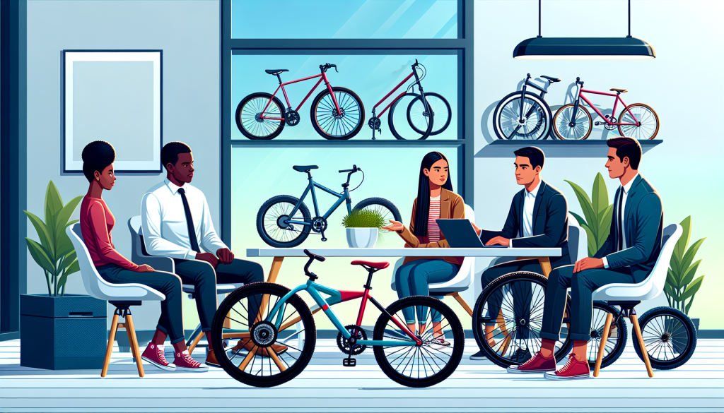 An illustration of a diverse group of people consulting with a professional bike crash attorney in a modern, well-lit office, with various types of bicycles visible in the background.