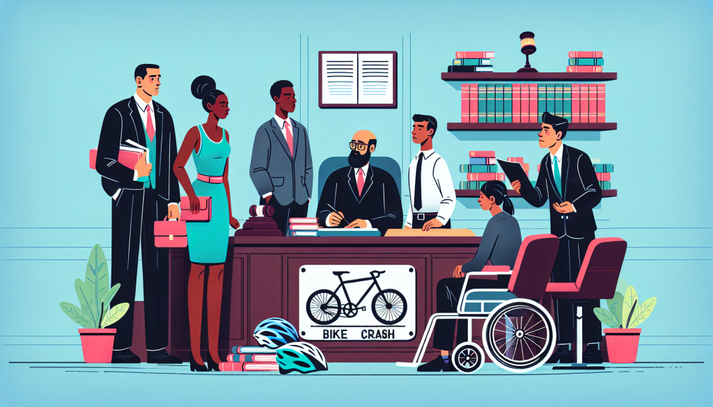 An illustrated courtroom scene featuring a diverse group of clients consulting with a professional bike crash lawyer, surrounded by legal books, cycling helmets, and a bike, symbolizing expertise in bicycle law and client care.