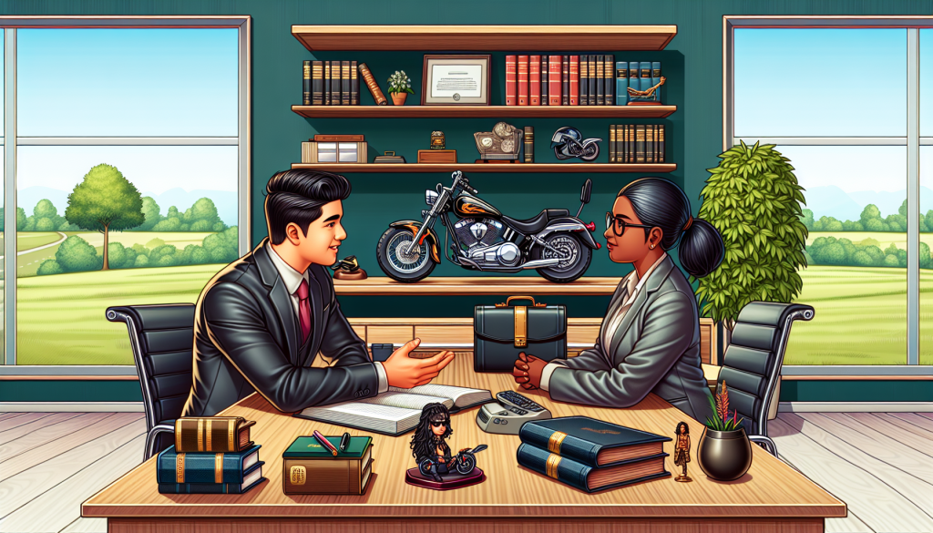 An illustrated scene showing a client consulting with a Harley accident lawyer in a well-decorated, professional office, with various motorcycle legal books and a Harley-Davidson model on the desk.