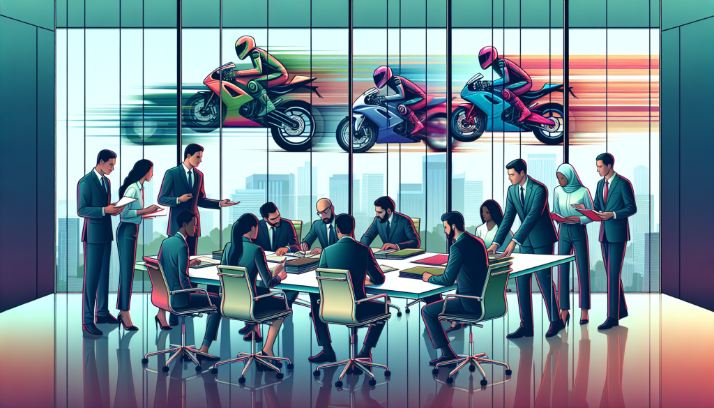 An illustrative digital artwork of a diverse group of motorbike accident attorneys in a modern office setting, with motorcycles visible through a large window, reviewing documents and discussing strategy around a high-tech conference table.