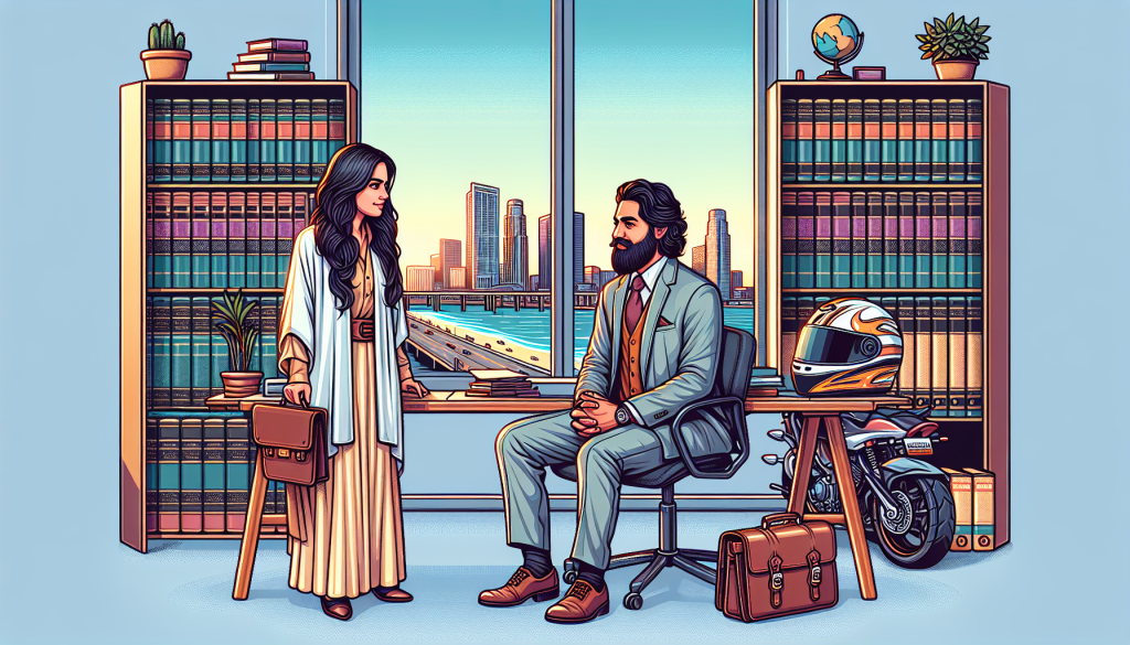 Detailed illustration of a person consulting with a professional motorcycle accident lawyer in an office setting, with Long Beach cityscape visible through the window, emphasizing a warm and trust-filled atmosphere.