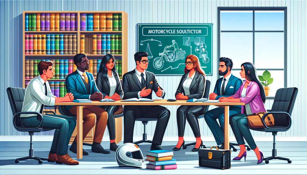 Digital artwork of a diverse group of people, in a professional setting, discussing with a confident, trustworthy solicitor specialized in motorcycle accidents; the room is filled with legal books, a motorcycle helmet on the table, and a whiteboard with legal strategies.