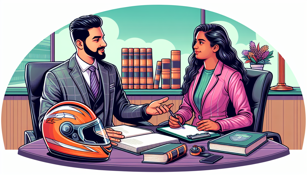 An experienced motorcycle attorney in a modern office, surrounded by legal books and motorcycle helmets, discussing case strategies with a client, showcasing confidence and expertise.