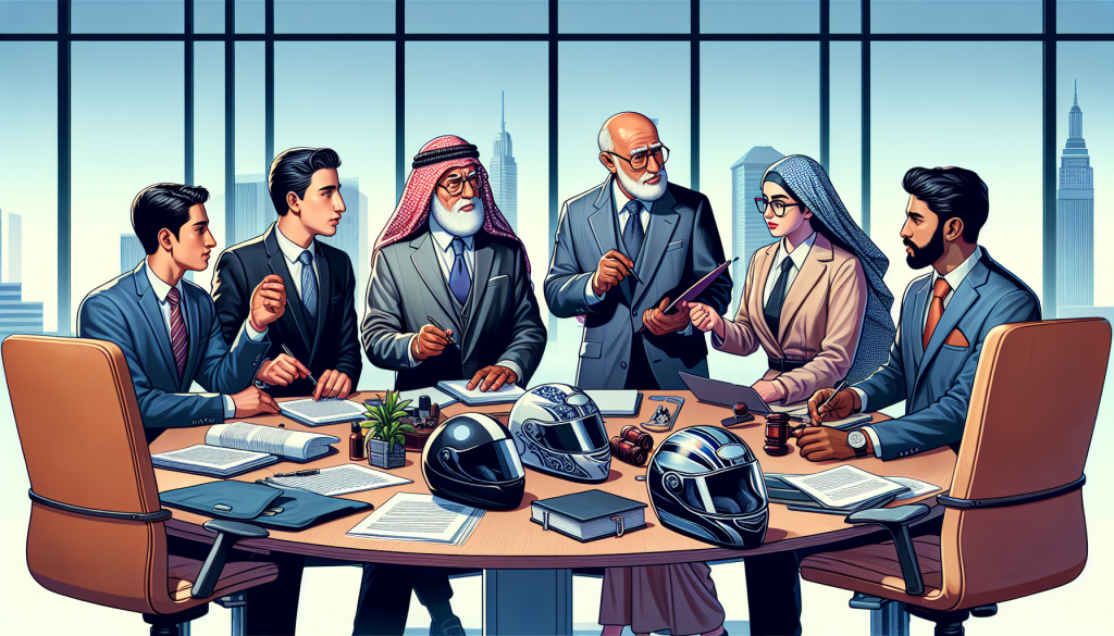 An illustration of a diverse group of people, including a female lawyer in a suit, an older male lawyer with glasses, and a young male lawyer with a clipboard, actively discussing over a large table strewn with motorcycle helmets, legal documents, and a laptop, in a modern, well-lit law office.