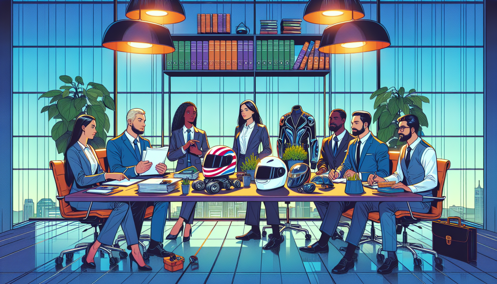 An illustrative scene in a professional setting where a diverse group of lawyers, specialized in motorcycle accident cases, are discussing around a large conference table filled with legal documents and motorcycle safety gear, displaying a calm yet determined demeanor in a well-lit, modern office.