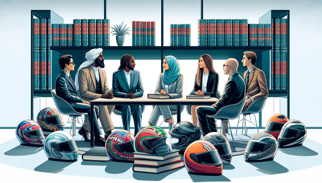 An illustration of a diverse group of people discussing with a professional lawyer in a modern, sleek law firm office, surrounded by motorcycle helmets and legal books.
