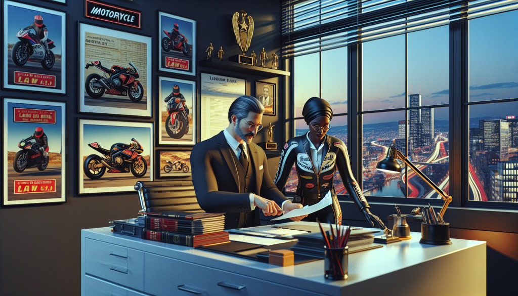 An illustrated scene in a modern law office, with a motorcycle lawyer sitting at a sleek desk, reviewing legal documents. The room features motorcycle-themed decor, including framed pictures of famous motorcycles and trophies from races. Through a window, a cityscape is visible. The lawyer, portrayed as an intelligent-looking middle-aged man wearing a tailored suit, is discussing a case with a client, who is dressed in biker gear and looking attentively at some papers. The atmosphere is professional yet welcoming.