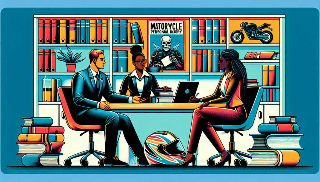 An illustration of a client consulting with a motorcycle personal injury attorney in an office, with legal books, a motorcycle helmet on the desk, and court documents visible.