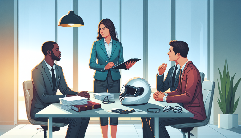 An illustration of a diverse group of people discussing with a professional lawyer in a modern office, with motorcycle helmets on the table and legal documents scattered around, highlighting the theme of selecting the right motorcycle personal injury lawyer.