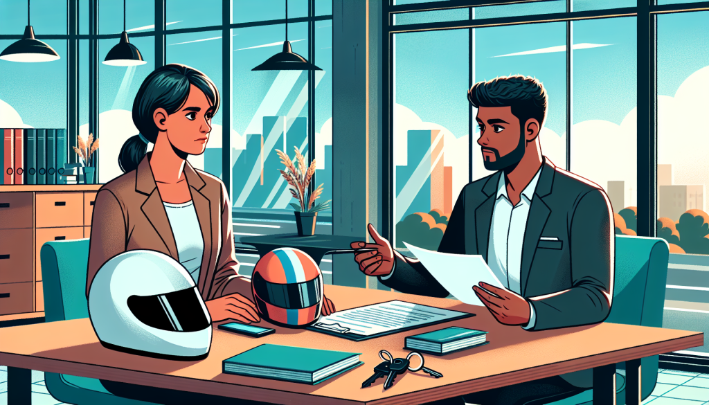 Create an evocative illustration of a serious consultation session between a client and a motorcycle wreck attorney in a modern, well-lit office. The attorney, a confident middle-aged woman, is showing documents to the client, a young man with a concerned expression. The background features a large window overlooking a cityscape, symbolizing justice and urban life. On the table, include a helmet and motorcycle keys to emphasize the case's focus.