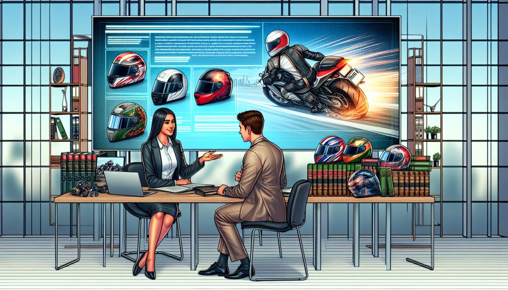 A detailed consultation room with a confident lawyer discussing with a client, surrounded by motorcycle helmets and various legal books, with a motorcycle accident scene displayed on a digital board in the background, conveying a specialized expertise in motorcycle wreck cases.