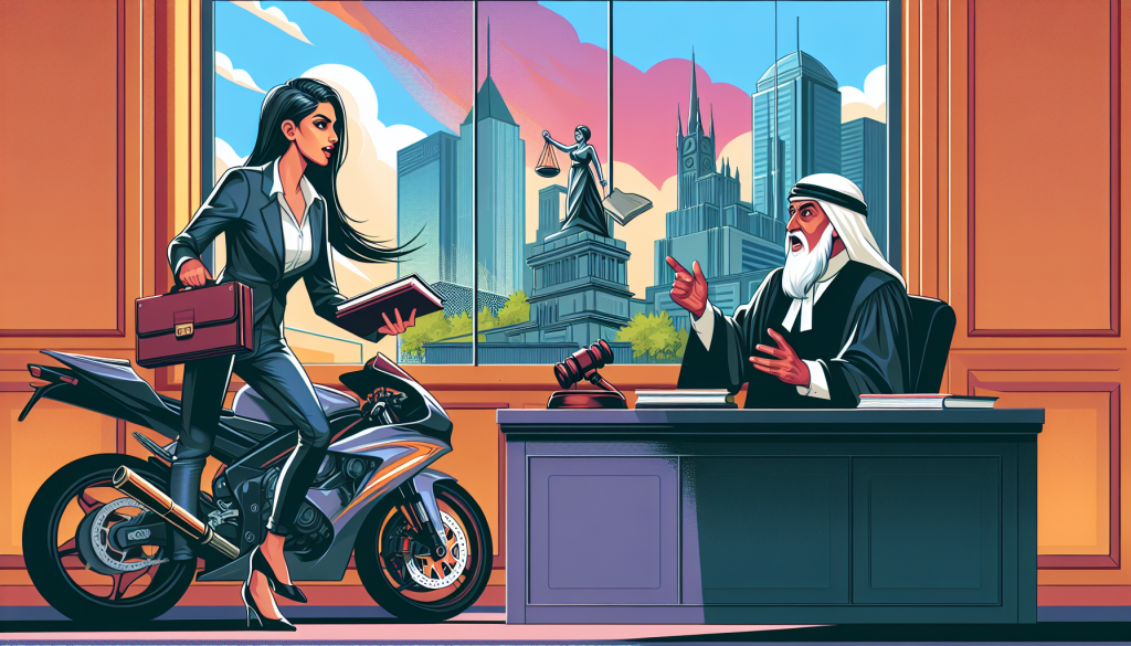 An illustrated scene in a courtroom showing a confident motorcycle accident attorney presenting a case in front of a judge, with a detailed cityscape visible through the window, emphasizing the attorney's expertise in motorcycle law.