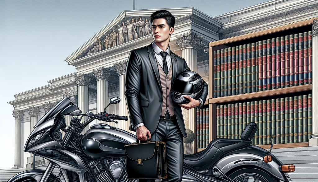 An experienced and confident male lawyer standing next to a motorcycle, holding a helmet and a briefcase, with legal books and a court building in the background, styled in a realistic and professional setting.