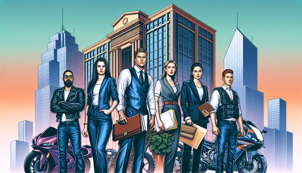 An illustration of a confident, diverse group of motorcycle crash attorneys standing outside a courthouse, with motorcycles parked nearby and legal documents in hand, set against the backdrop of an urban city skyline.
