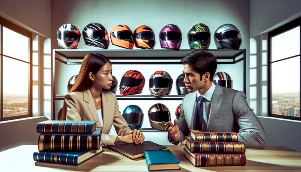 An attentive motorbike accident lawyer consulting with a client in a modern, well-lit office, with motorcycle helmets and legal books on the shelves in the background.