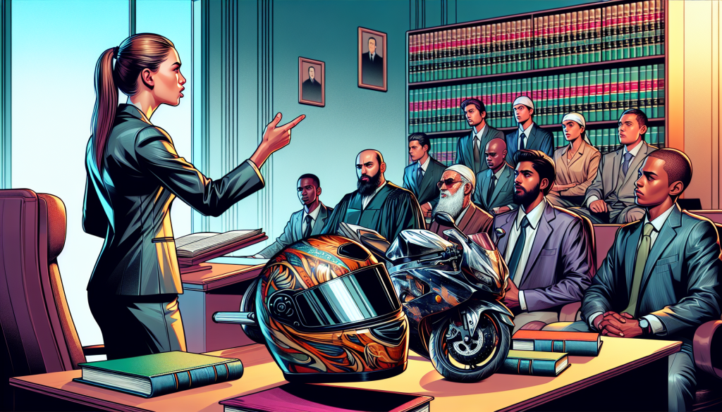 An intense and dramatic courtroom scene featuring a top motorcycle accident lawyer passionately advocating on behalf of a client, surrounded by legal books, a motorcycle helmet on the table, and a concerned jury listening intently.