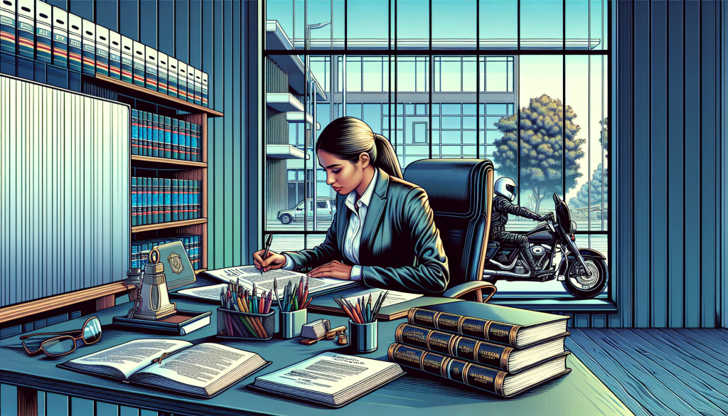 An intricately detailed digital artwork of a person filling out an injury claim form at a desk, with a motorbike visible through the window behind them, and legal books scattered around. The scene is set in a modern, well-lit lawyer's office.