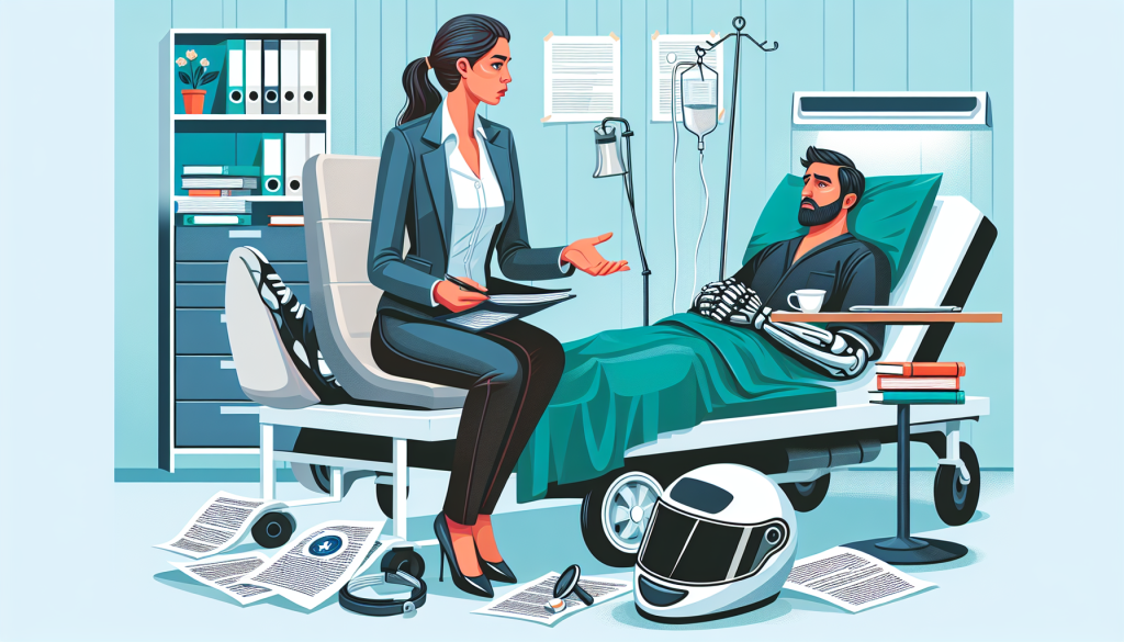Detailed illustration of a lawyer consulting with a motorcycle accident victim in a hospital room, with legal documents scattered on a table and a motorcycle helmet visible in the background.