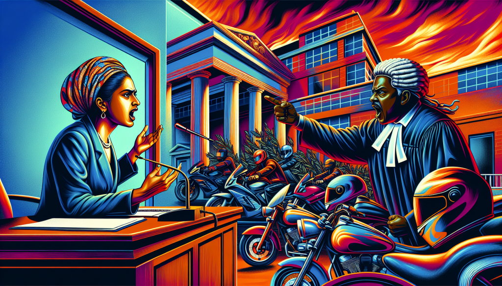 An artistic courtroom scene depicting a diverse group of determined motorcycle attorneys passionately advocating for riders' rights, with motorcycles parked outside the courthouse, all in vivid, dramatic colors.