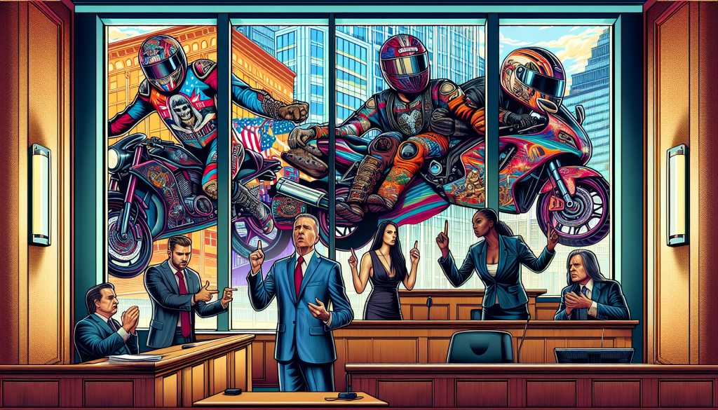 A highly detailed courtroom scene showing a diverse team of top motorcycle injury lawyers passionately advocating for their client, with large picture windows revealing a bustling city skyline and multiple motorcycle illustrations framed on the walls.