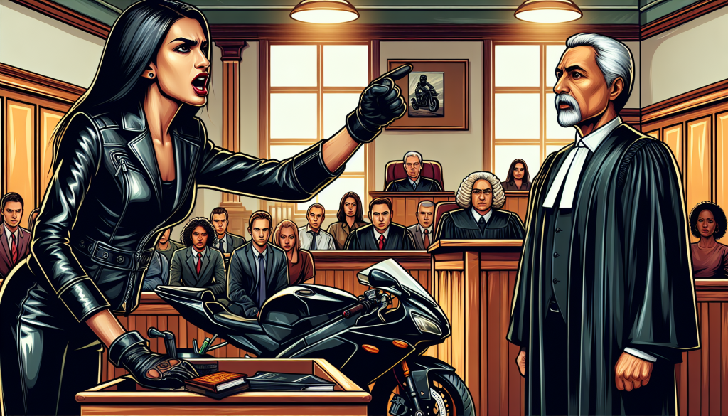 Portrait of a determined lawyer in a motorcycle leather jacket, standing in a courtroom with a motorcycle parked beside him, passionately advocating in front of a judge and jury, symbolizing the defense of motorcycle riders' rights.