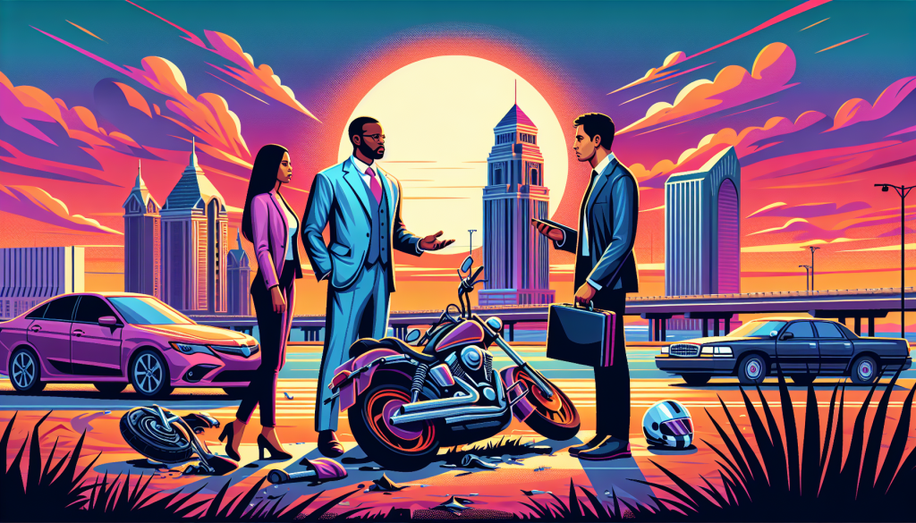 An illustration of a motorcycle accident scene in Atlantic City at sunset, with a lawyer discussing with a client beside damaged motorcycles, surrounded by iconic Atlantic City landmarks in the background.