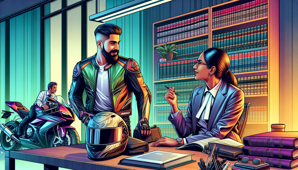 Digital artwork of a confident biker consulting with a professional attorney in a modern law office, surrounded by legal books and motorcycle safety gear.