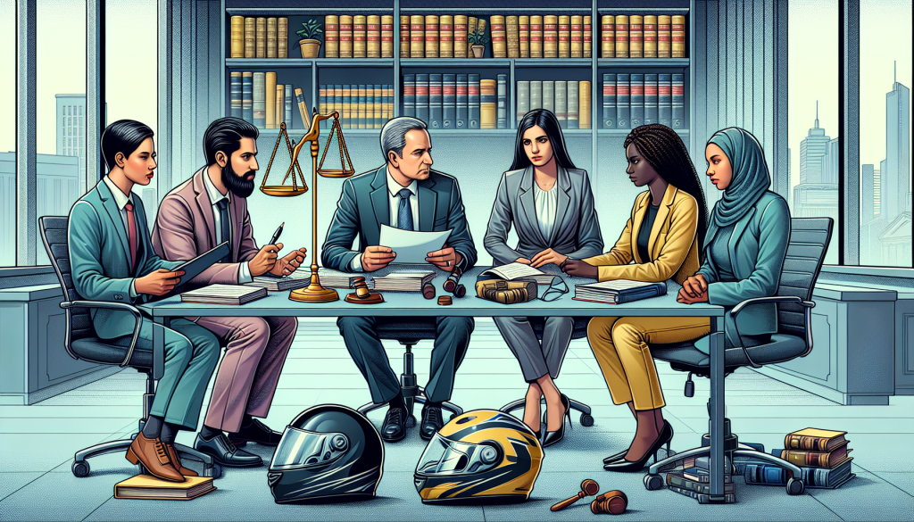 An image of a concerned person sitting with a group of three expert lawyers at a modern law office, discussing documents and a moped helmet on the table, with justice scales and law books in the background.