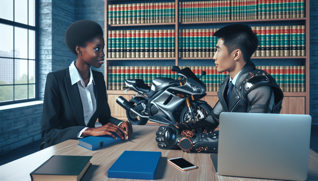 An illustration of a person in professional attire consulting with another individual dressed in biker gear, surrounded by legal books and a motorbike in the background, in a modern, well-lit law office setting.