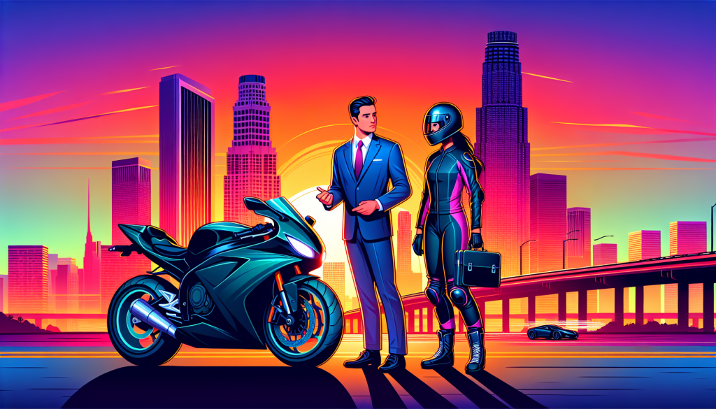 An experienced motorcycle accident attorney in Long Beach, wearing a business suit, standing beside a motorcycle while consulting with a client who is wearing riding gear, with the Long Beach skyline in the background at sunset.
