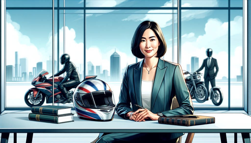 Create an image of a confident, professional lawyer sitting at a stylish, modern desk with a motorcycle helmet and a legal book laid out in front of him. The background shows a large window overlooking a bustling cityscape, subtly reflecting motorcycle images. The lawyer, a middle-aged Caucasian male, is dressed in an elegant, tailored suit, looking directly at the camera with a reassuring, knowledgeable smile.